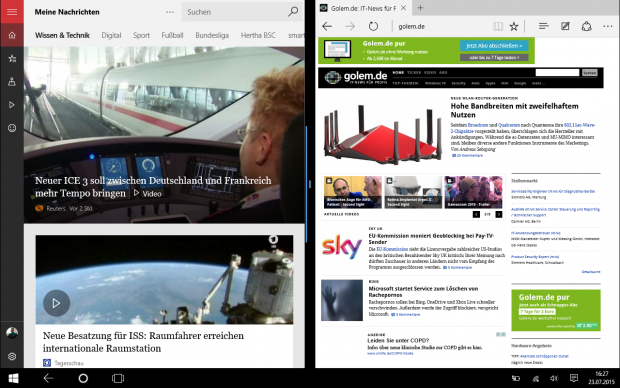 Ein Split-Screen-Modus erm&ouml;glicht es wieder, zwei Anwendungen gleichzeitig zu benutzen. (Screenshot: Golem.de)